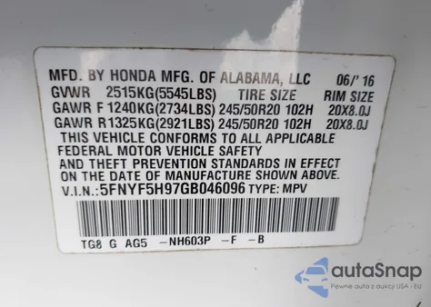 2016 Honda Pilot Touring z USA, uszkodzony, nr VIN 5FNYF5H97GB046096